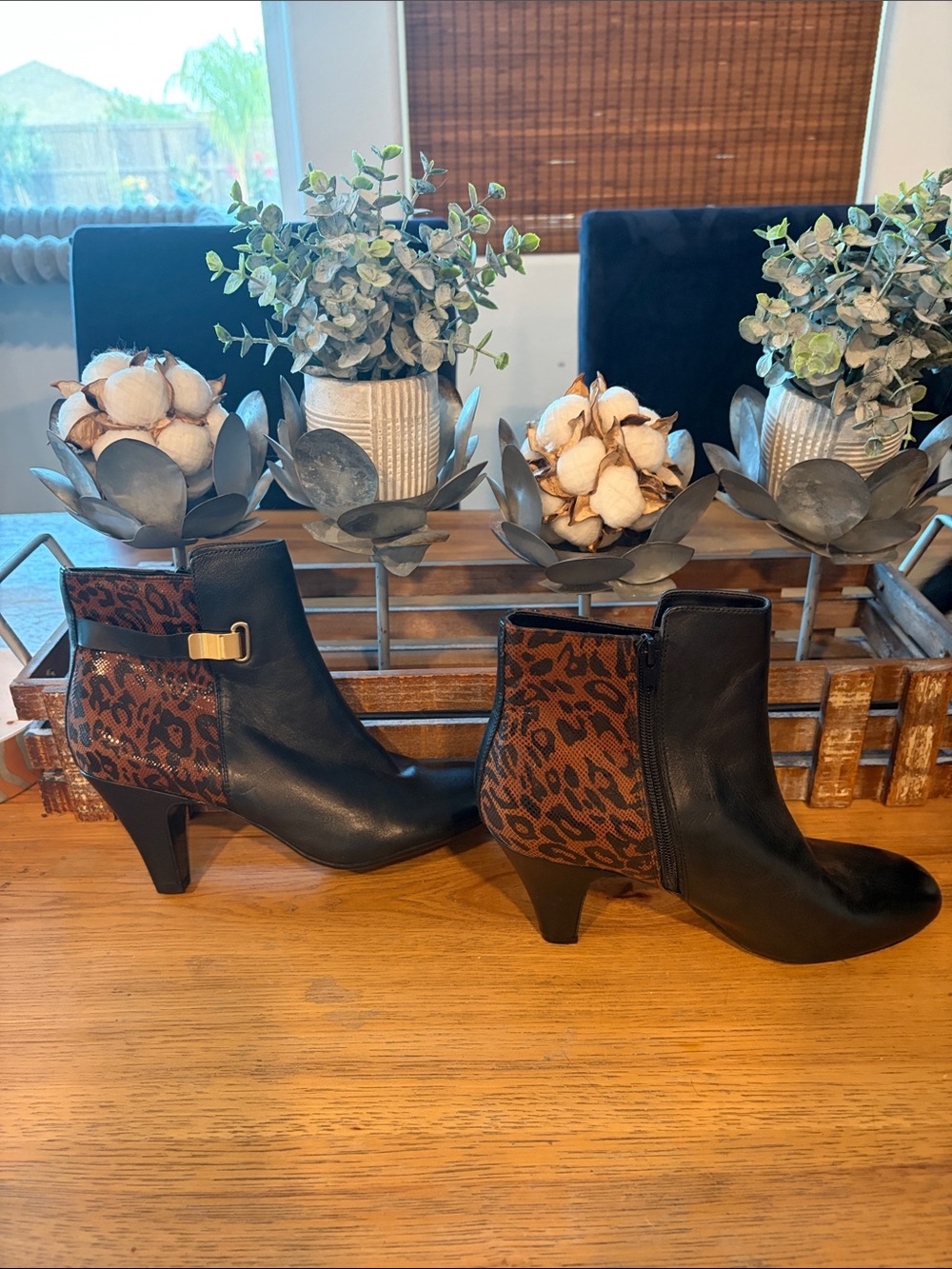 Women's Black Leather Ankle Boots with Leopard Accent